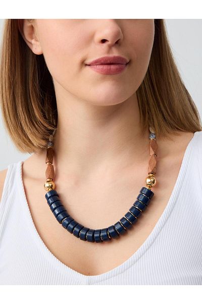 Jimmy Key Navy Blue Wooden Detailed Beaded Adjustable Necklace
