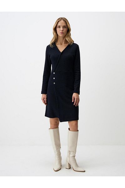 Jimmy Key Navy Blue Double Breasted Neckline Relaxed Fit Knitted Mini Dress