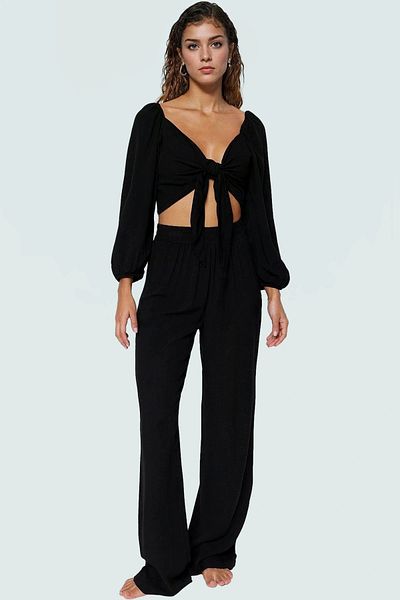 PayBuy Stylish Viscose Woven Long Sleeve Tie-Up Blouse Pants Suit High Quality Appearance