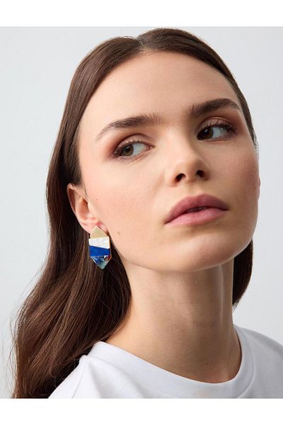 Jimmy Key Blue Color Block Asymmetrical Patterned Earrings