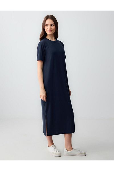 Jimmy Key Navy Blue Straight Cut Crew Neck Short Sleeve Knitted Dress