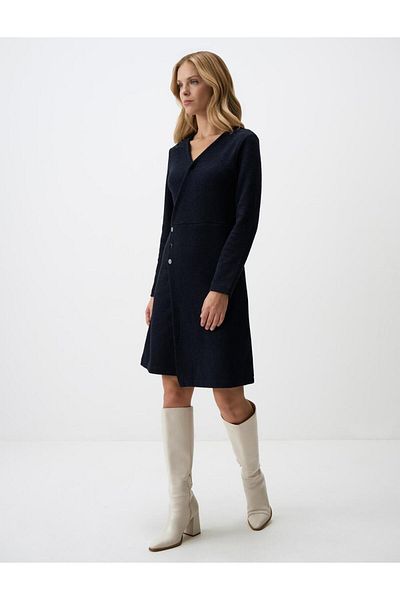 Jimmy Key Navy Blue Double Breasted Neckline Relaxed Fit Knitted Mini Dress