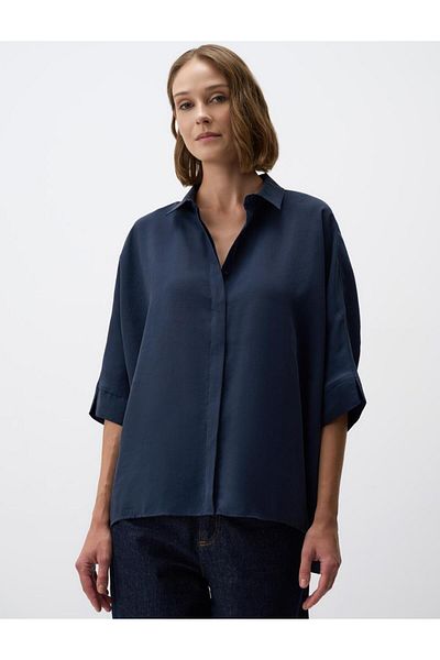 Jimmy Key Navy Blue Relaxed Fit Three Quarter Sleeve Woven Shirt
