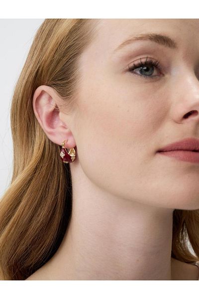Jimmy Key Red Clover Figured Shiny Stone Half Hoop Earrings