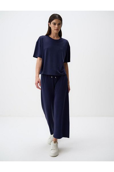 Jimmy Key Navy Blue Loose Cut Short Sleeve Crew Neck Knitted T-Shirt
