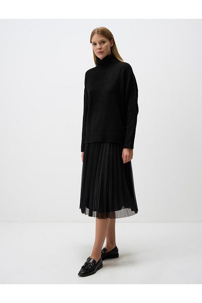 Jimmy Key Black High Waist Pleated Relaxed Fit Midi Skirt