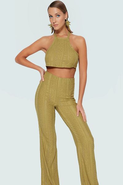 PayBuy Lace Detail Halter Neck Crop Blouse and Wide Leg Pants Beach Set Custom Design