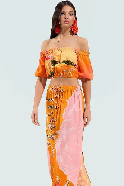 PayBuy Stylish Landscape Patterned Viscous Beach Blouse Skirt Set Summer Casual Combination Zarifane Design and