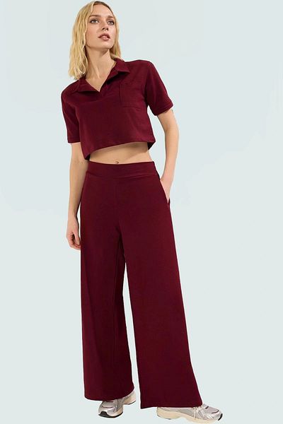 PayBuy Women's Knitted Short Sleeve Polo Collar Wide Leg Casual Suit Professional Appearance Distinguished Material