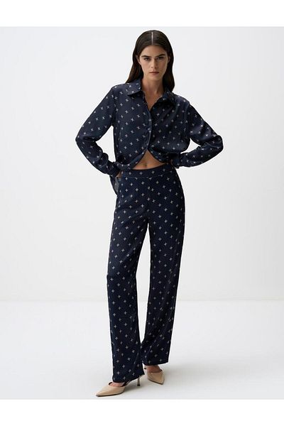 Jimmy Key Navy Blue Relaxed Fit Wide Leg Patterned Satin Trousers