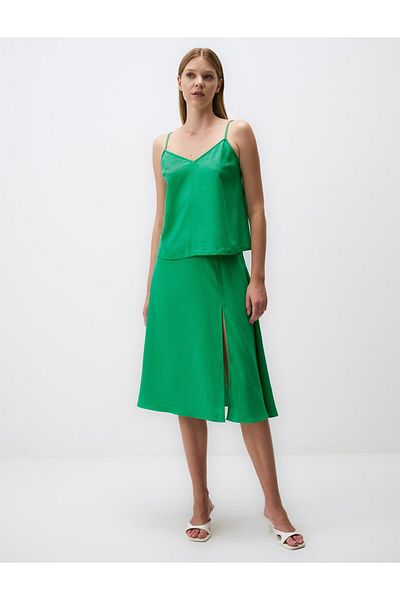 Jimmy Key Green Relaxed Cut Strap V Neck Linen Blend Blouse