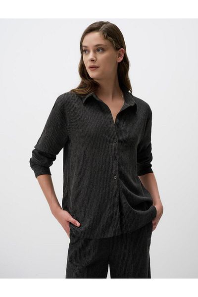 Jimmy Key Anthracite Melange Straight Cut Long Sleeve Patterned Knitted Shirt