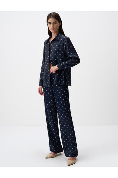 Jimmy Key Navy Blue Relaxed Fit Wide Leg Patterned Satin Trousers