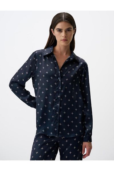 Jimmy Key Navy Blue Long Sleeve Patterned Satin Shirt