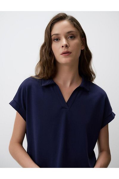 Jimmy Key Navy Blue Polo Neck Short Sleeve Knitted Sweatshirt