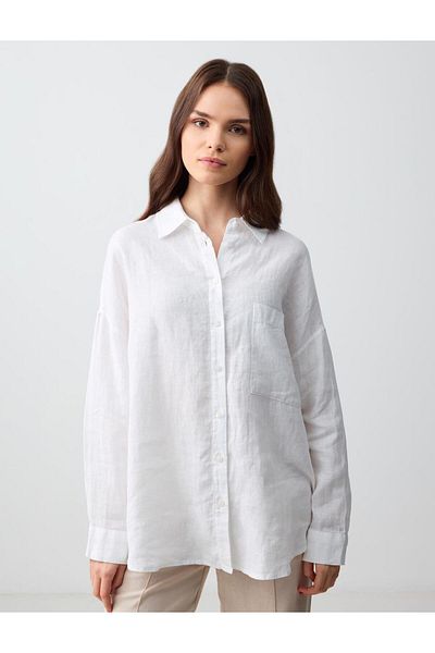Jimmy Key White 100% Linen Oversize Pocket Long Sleeve Shirt