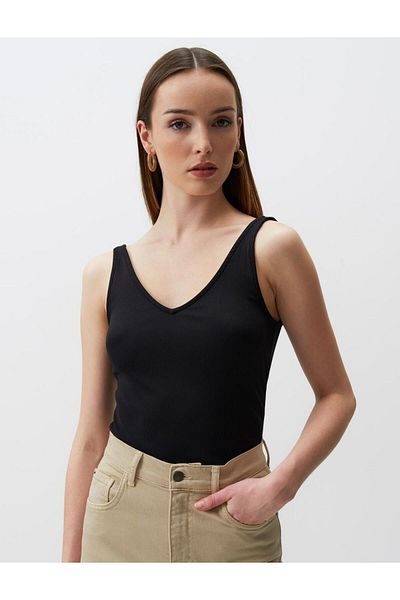 Jimmy Key Tricou de bază fără mâneci cu decolteu în V negru