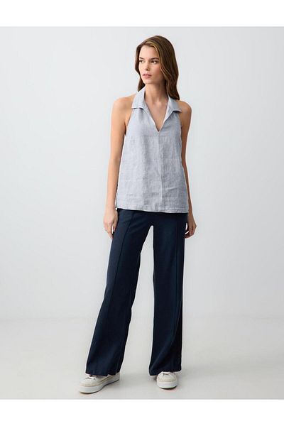 Jimmy Key Navy Blue Wide Leg High Waist Linen Blend Trousers