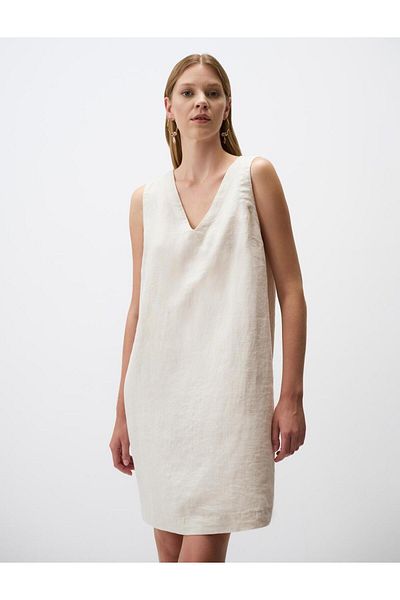 Jimmy Key Stone 100% Linen Sleeveless V-Neck Basic Dress