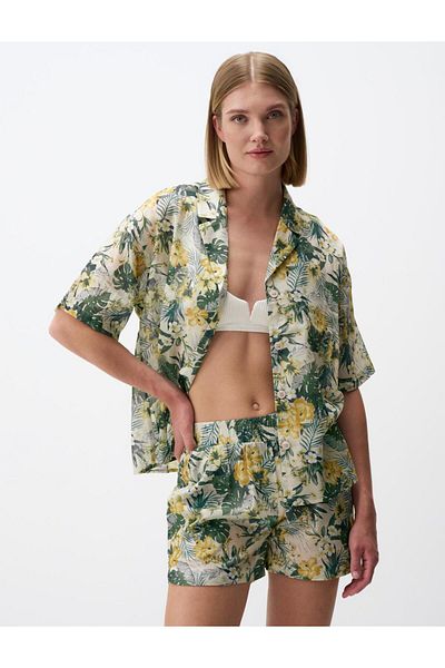 Jimmy Key Green Floral Patterned Cotton Shorts with Elastic Waist