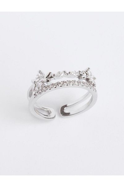 Jimmy Key Silver Color Shiny Stone Detailed Thick Ring