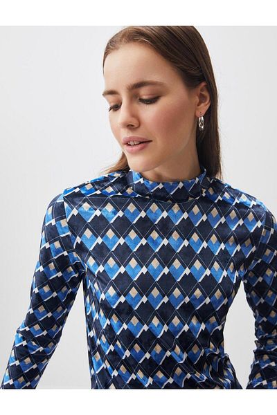 Jimmy Key Mixed Turtleneck Geometric Patterned Velvet Blouse