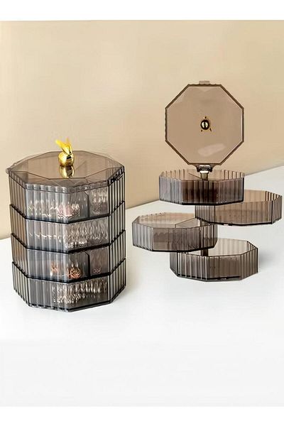 Generic منظم مجوهرات صغير من البلاستيك الشفاف، 4 طبقات، صندوق تخزين مجوهرات قابل للدوران 360 درجة
