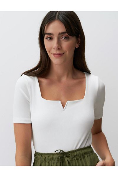 Jimmy Key Square Collar White Basic Blouse - Short Sleeve