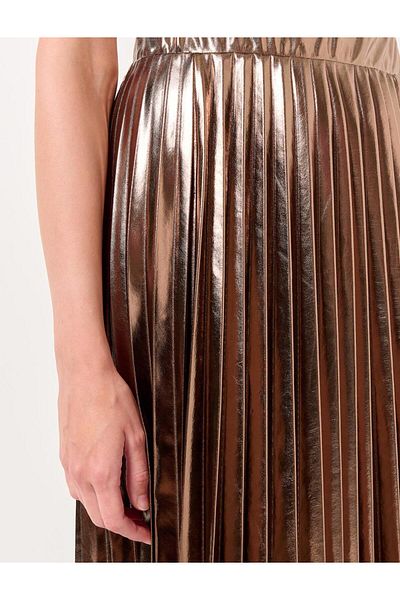 Jimmy Key Gold High Waist Pleated Shiny Midi Skirt