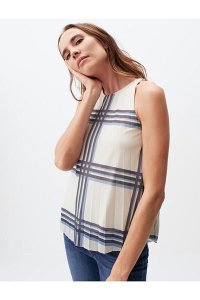 Jimmy Key Ecru Sleeveless Plaid Patterned Pleated Blouse