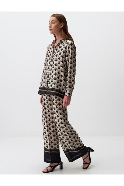 Jimmy Key High Waist Ecru Satin Trousers - Geometric Pattern