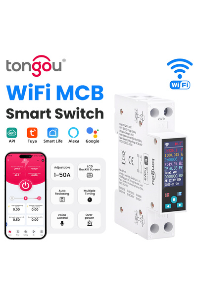 TONGOU قاطع دائرة ذكي Tuya Wifi قابل للتعديل 1p 50a عداد طاقة LED كيلووات ساعة قياس الطاقة T