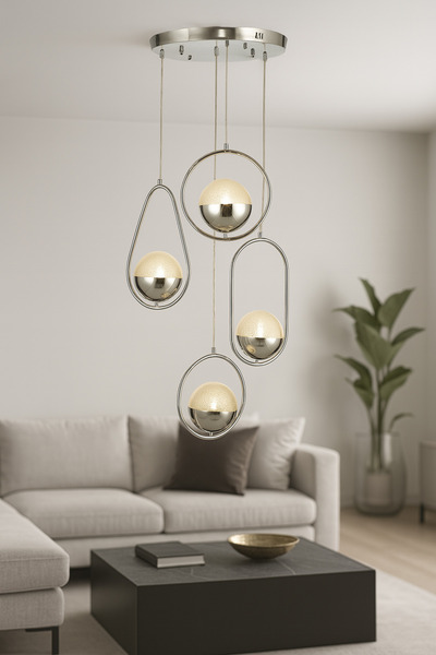 Avizemoda Serra 4'lü Akrilik Toplu Salon Oturma Odası Modern Sarkıt Avize - Krom Kaplama