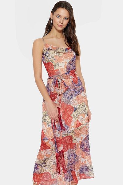 PayBuy Maxi Chiffon Dress Ethnic Pattern a Line Cut Belted Professional Appearance Distinguished Material