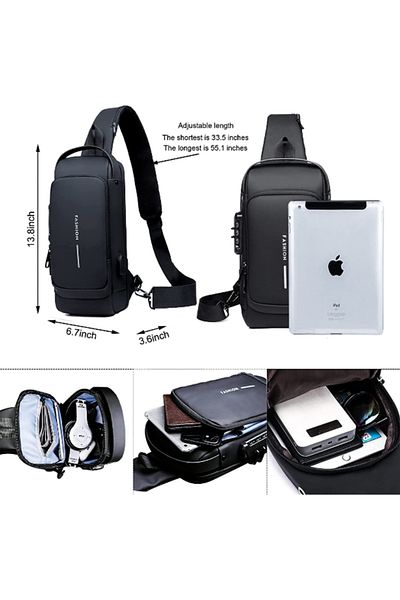 MACON Anti theft Crossbody Sling bag for Men Women, Waterproof Leather Chest with USB Charging Port