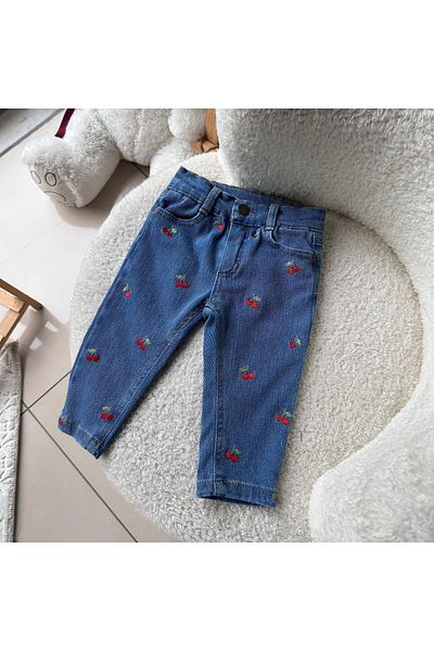 Overdo Girl's Cherry Embroidered Waist Adjustable Lycra Jeans