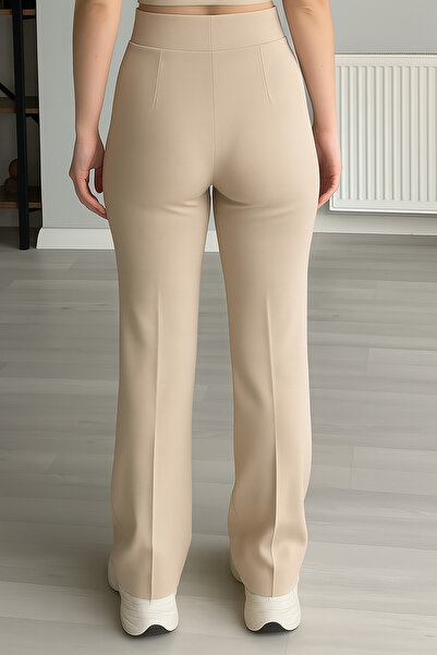 vesantia Women's Beige Palazzo High Waist Lycra Crepe Fabric Pants with Stitching Detail