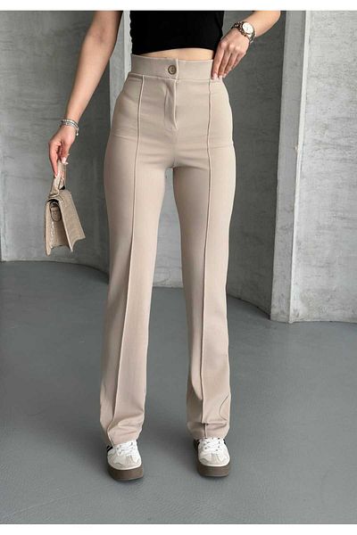 vesantia Women's Beige Palazzo High Waist Lycra Crepe Fabric Pants with Stitching Detail