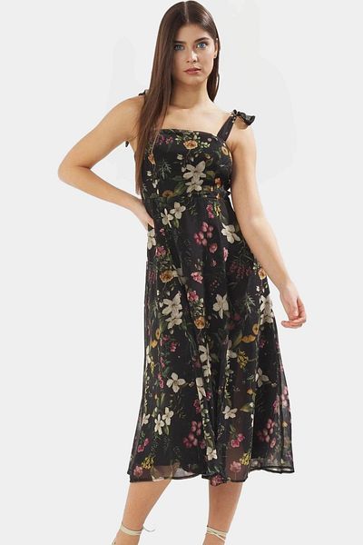 PayBuy Chiffon Lined Midi Length a Line Patterned Square Neck Dress Long Lasting Durable Material