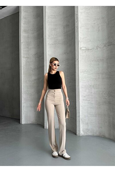 vesantia Women's Beige Palazzo High Waist Lycra Crepe Fabric Pants with Stitching Detail