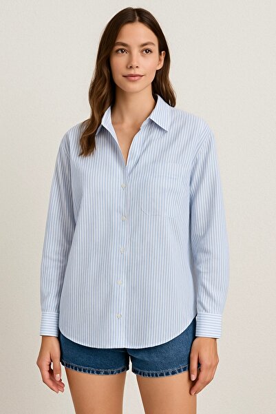 Noi Belis Синя раирана риза с големи размери и джоб Ss25go0002