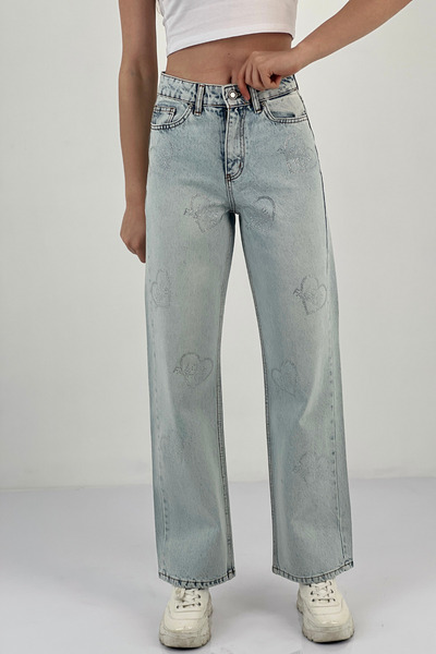 Miss Poem Blugi largi de damă cu picioare largi, pantaloni de denim albastru de gheață