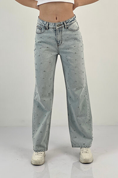 Miss Poem Blugi largi de damă cu picioare largi, pantaloni de denim albastru de gheață