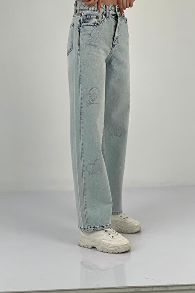 Miss Poem Blugi largi de damă cu picioare largi, pantaloni de denim albastru de gheață