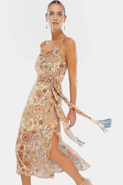 PayBuy Maxi Chiffon Dress Ethnic Pattern a Line Cut Belted Professional Appearance Distinguished Material