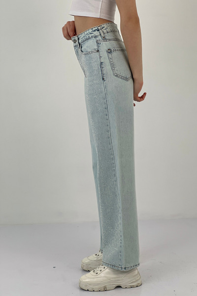 Miss Poem Blugi de damă, drepti, cu piatră, pantaloni largi, albastru gheață