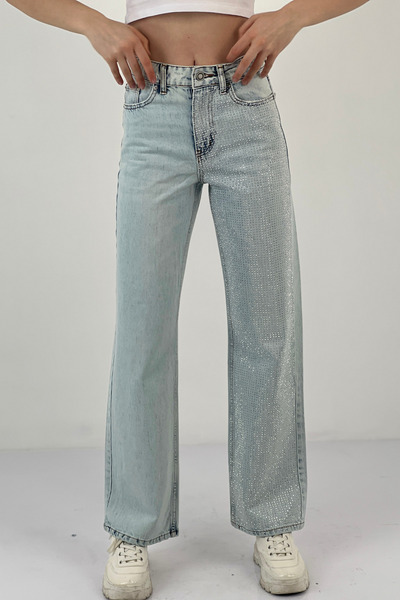 Miss Poem Blugi de damă, drepti, cu piatră, pantaloni largi, albastru gheață