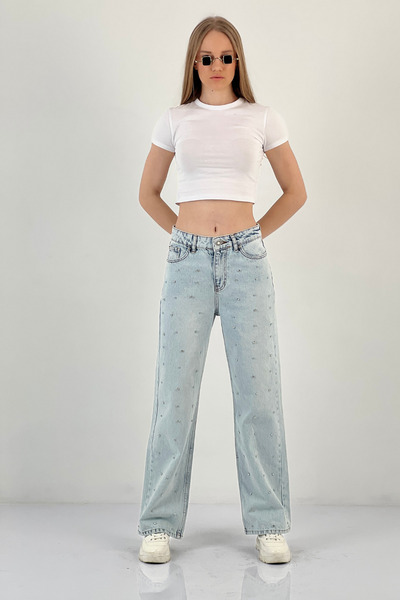 Miss Poem Blugi largi de damă cu picioare largi, pantaloni de denim albastru de gheață