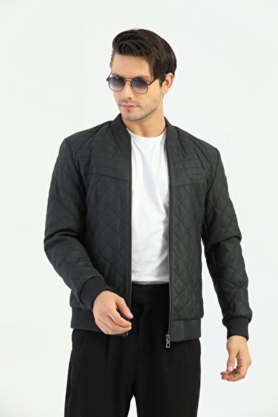 Basics&More سترة رجالية مبطنة من الجلد الطبيعي باللون الأزرق الداكن من التفتا