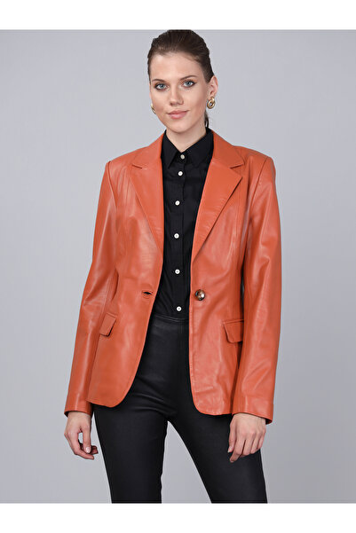 Basics&More Kadın Tek Düğmeli Blazer Turuncu Deri Ceket B2020